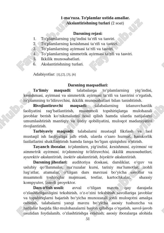 to'plamlar ustida amallar. akslantirishning turlari (2 soat) — PDF