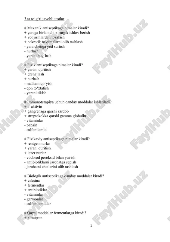 antiseptika turlari bilan bog'liq test savollar — DOC