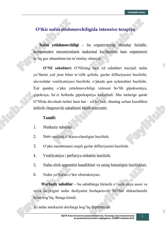 o'tkir nafas etishmovchiligida intensive terapiya — PDF