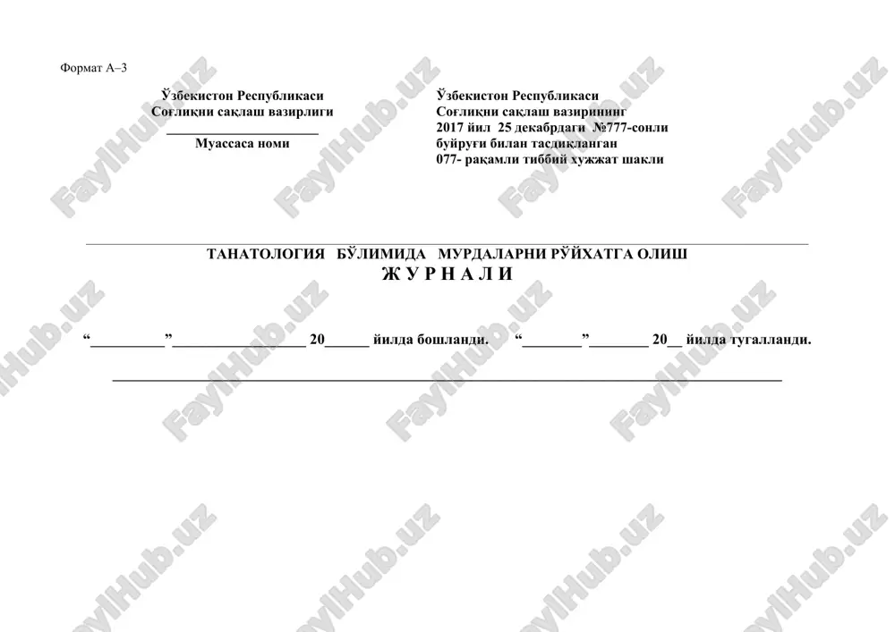 tanatologiya bo'limida murdalarni ro'yxatga olish jurnali — DOC