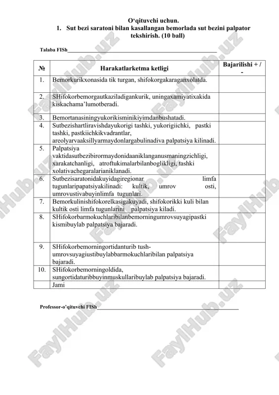 sut bezi saratoni bilan kasallangan bemorlarda sut bezini palpator tekshirish — DOC