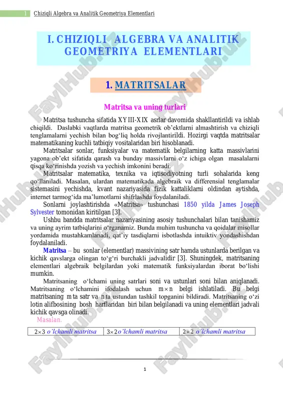 chiziqli algebra va analitik geometriya elementlari — PDF
