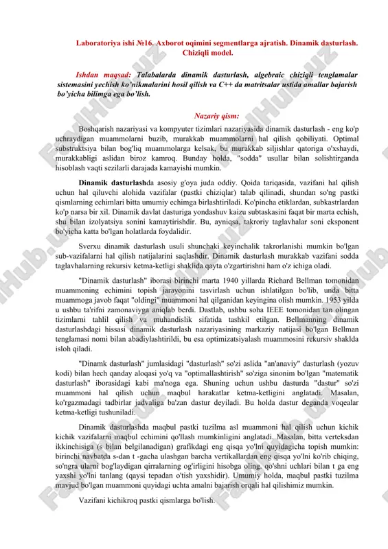 laboratoriya ishi №16. axborot oqimini segmentlarga ajratish. dinamik dasturlash. chiziqli model. — DOCX