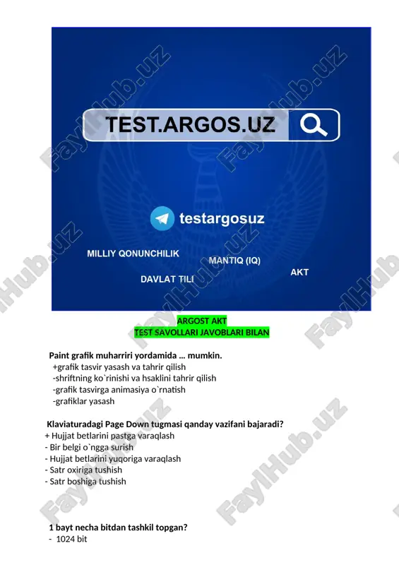argost akt test savollari va javoblari bilan birga — DOC