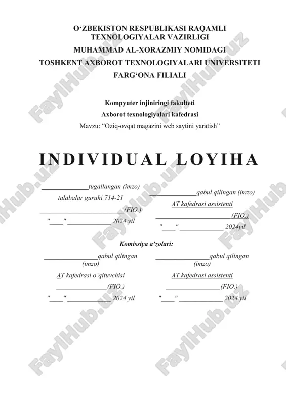 oziq-ovqat magazini web saytini yaratish loyihasi — DOCX