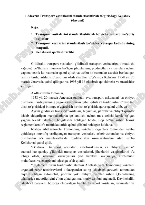 transport vositalarini standartlashtirish to‘g‘risdagi kelishuv — DOCX