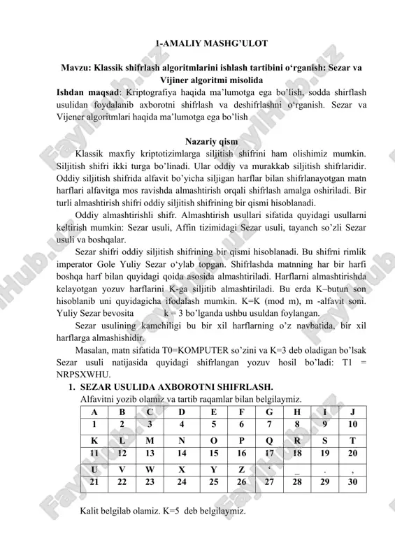 klassik shifrlash algoritmlari — DOCX
