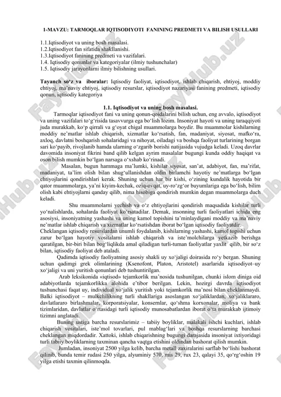 tar moqlar iqtisodiyoti fanining mavzulari va bilish usullari — DOCX