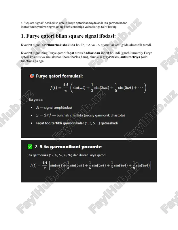 square signal hosil qilish uchun furye qatori — DOCX
