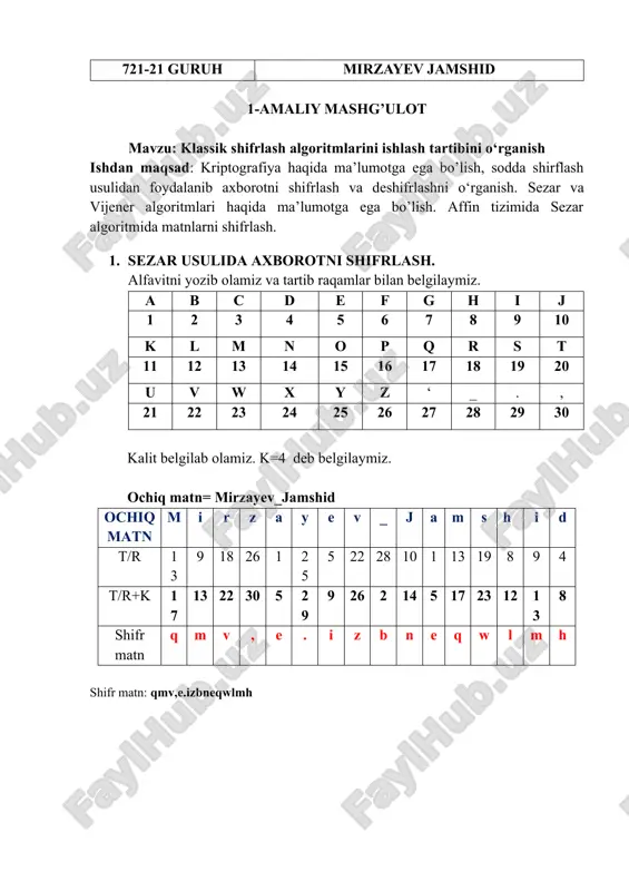 klassik shifrlash algoritmlarini ishlash tartibi — DOCX