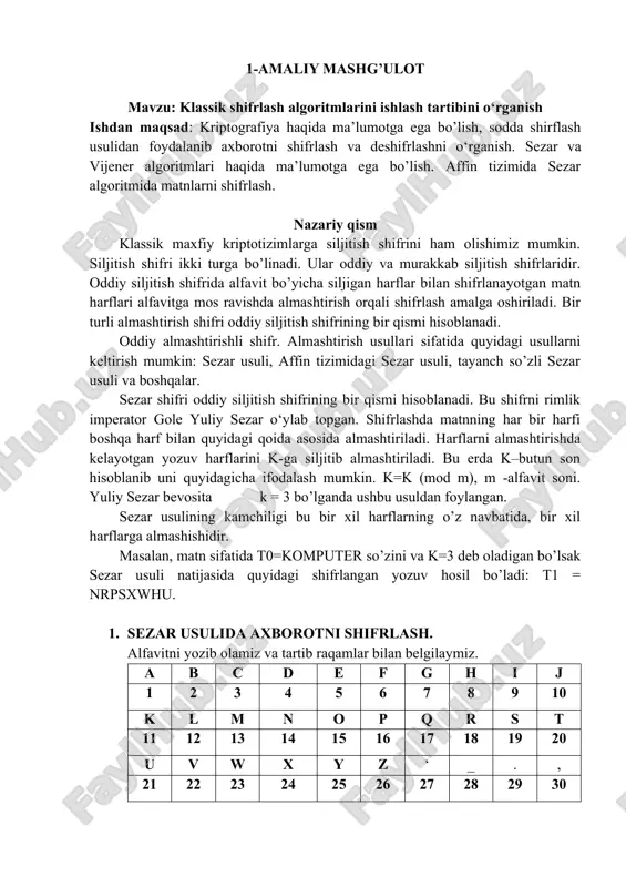 klassik shifrlash algoritmlarini ishlash tartibi — DOCX