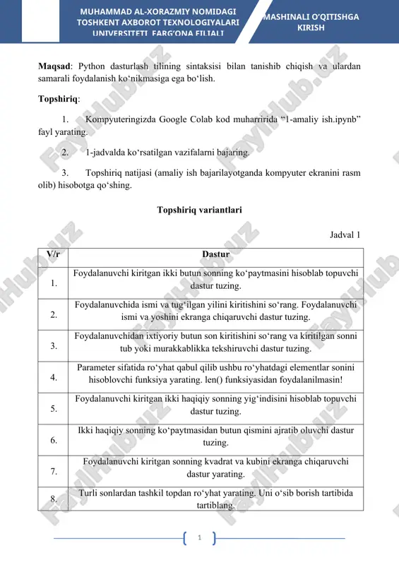 mashinali o‘qitishga kirish — DOCX