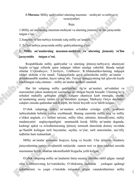 maruza: milliy qadriyatlari ularning mazmun – mohiyati va tarbiyaviy xususiyatlari — DOCX