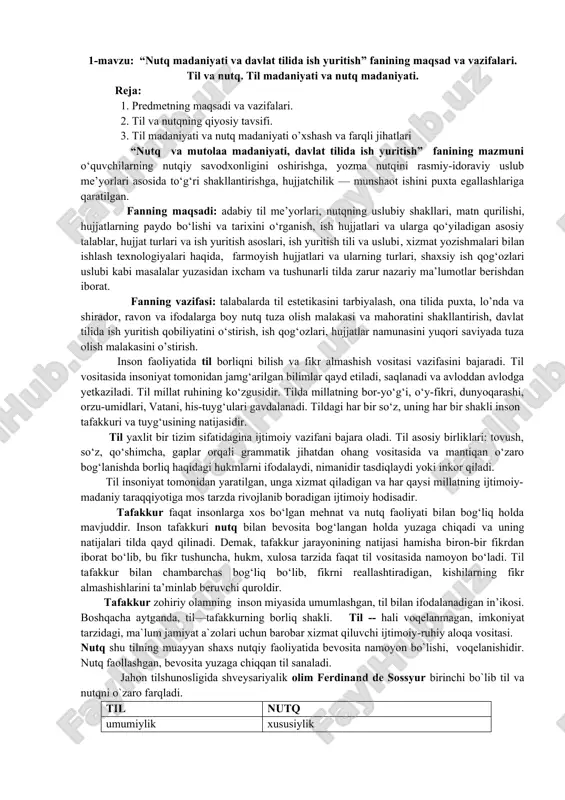 nutq madaniyati va davlat tilida ish yuritish fanining maqsad va vazifalari — DOCX