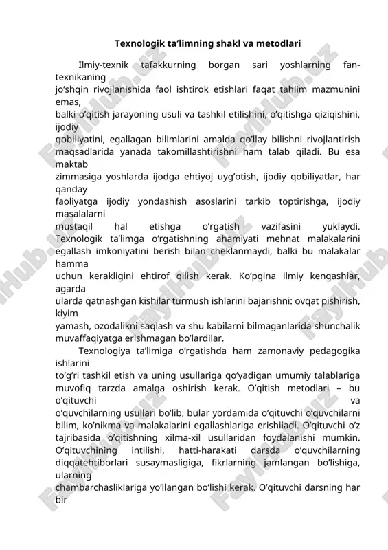 texnologik ta'limning shakl va metodlari — DOCX