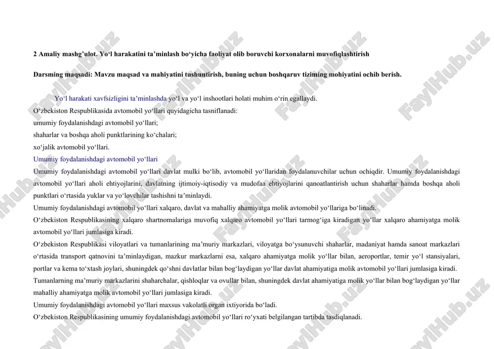 umumiy foydalanishdagi avtomobil yo‘llari — DOCX