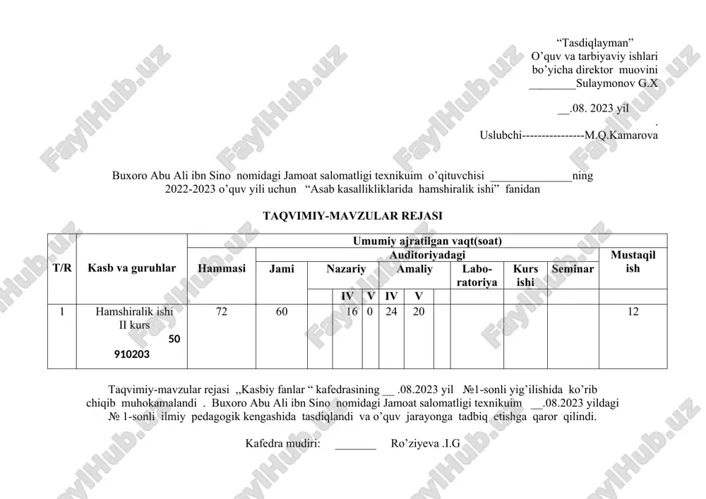 “asab kasallikliklarida hamshiralik ishi” fanidan taqvimiy-mavzular rejasi — DOCX