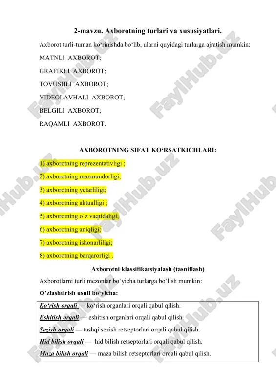 axborotning turlari va xususiyatlari — DOCX