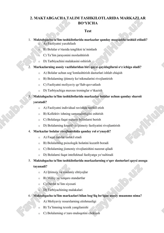 maktabgacha talim tashkilotlarida markazlar bo'yicha test — DOCX