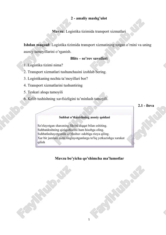 logistika tizimida transport xizmatlari — DOCX