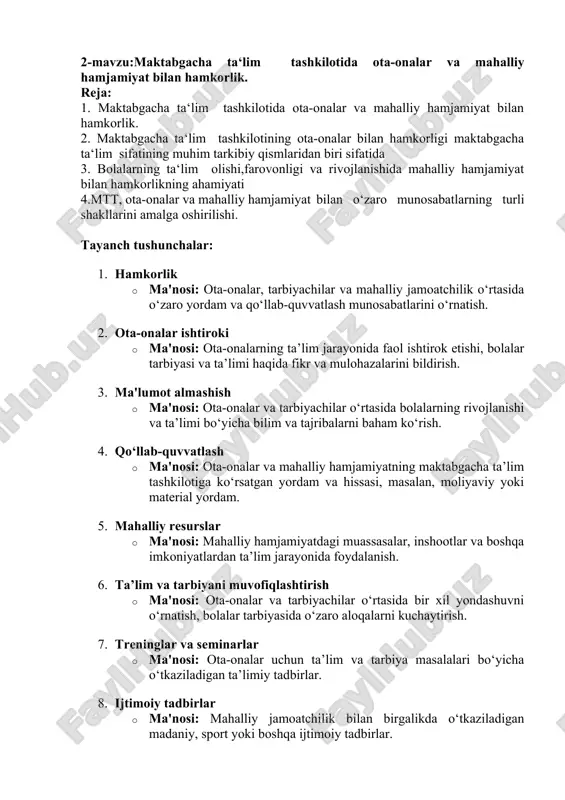 maktabgacha ta‘lim tashkilotida ota-onalar va mahalliy hamjamiyat bilan hamkorlik. — DOCX