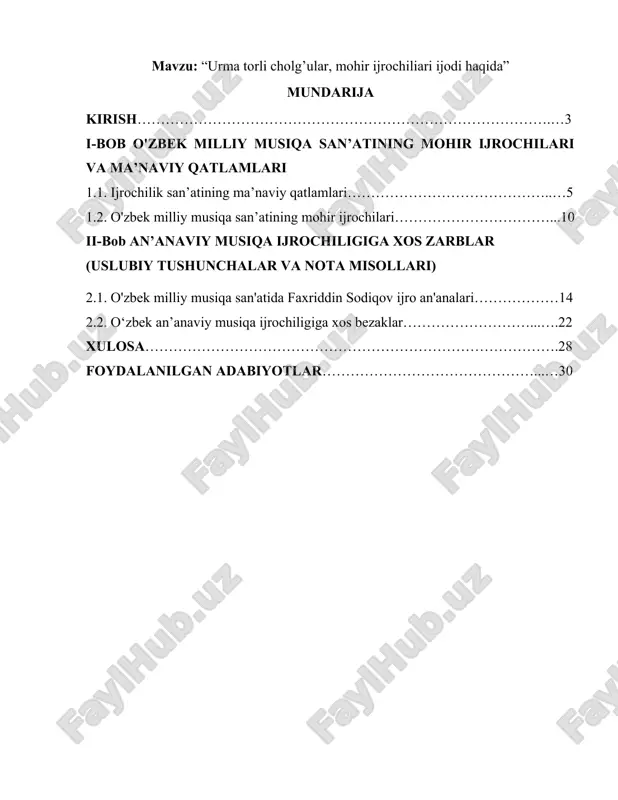 urma torli cholg'ular, mohir ijrochiliari ijodi haqida — DOCX