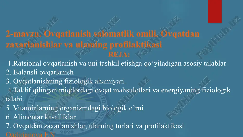 ovqatlanish va salomatlik o'limi — PPTX