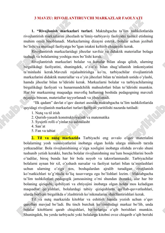 rivojlanish markazlari faolyati — DOCX