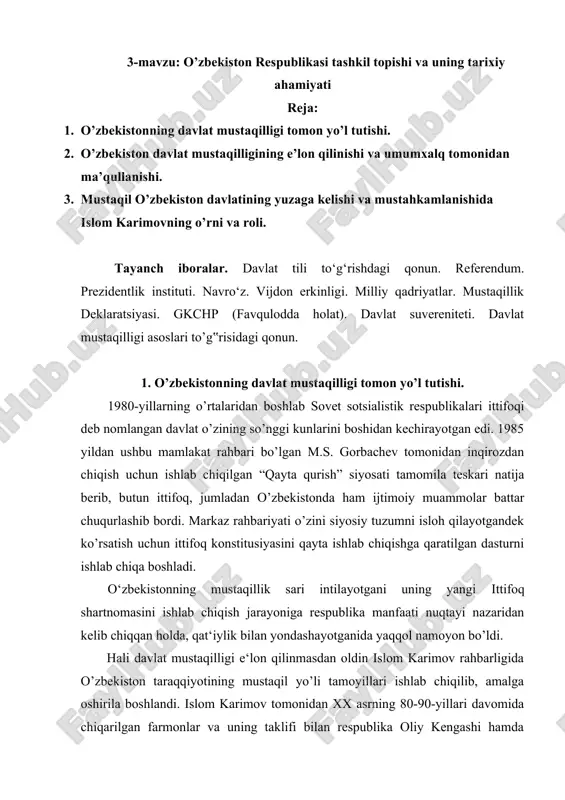 o’zbekiston respublikasi tashkil topishi va uning tarixiy ahamiyati — DOCX