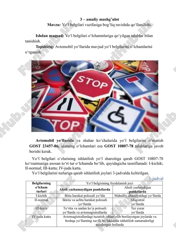 yo‘l belgilarining o‘lchamlari — DOCX