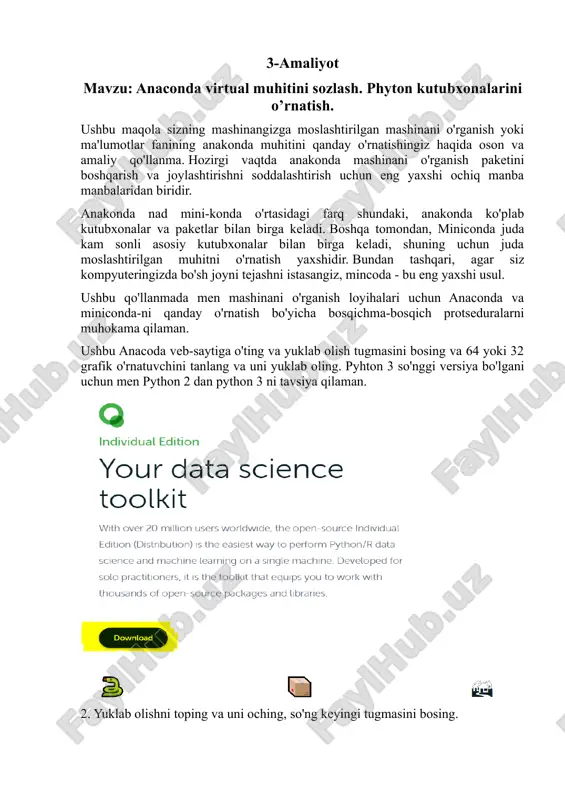 anaconda virtual muhitini sozlash. phyton kutubxonalarini o’rnatish — DOC