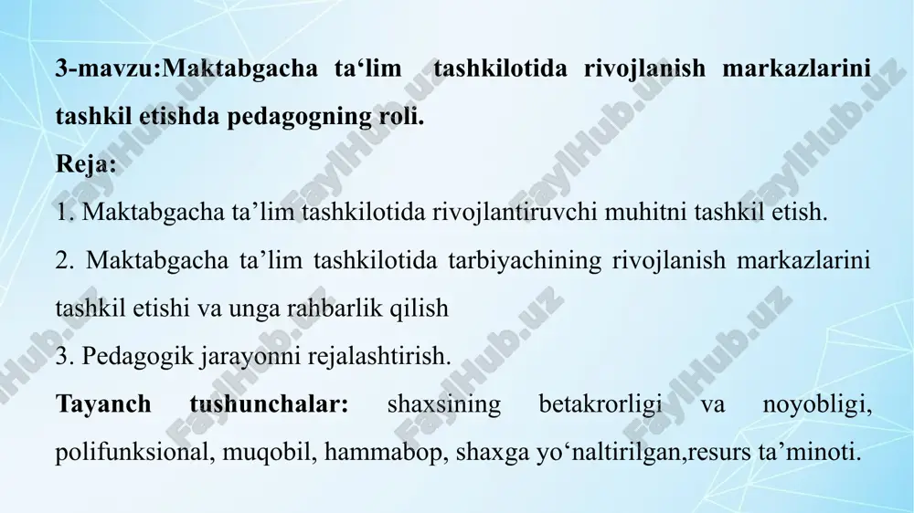 maktabgacha ta'lim tashkilotida rivojlanish markazlari tashkilotish — PPTX