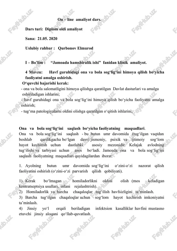 ona va bola sog‘lig‘ini saqlash bo‘yicha faoliyat — DOCX
