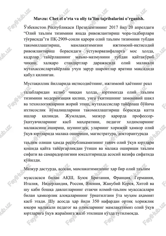 oliy ta'lim tizimini rivojlantirish chora-tadbirlari — DOCX