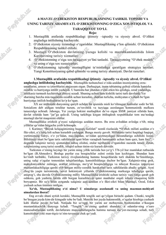 o‘zbekiston respublikasining tashkil topishi va uning tarixiy ahamiyati — DOC
