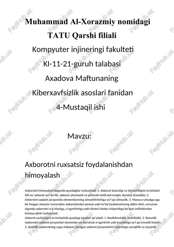axborot xavfsizligi va himoyalash — DOCX