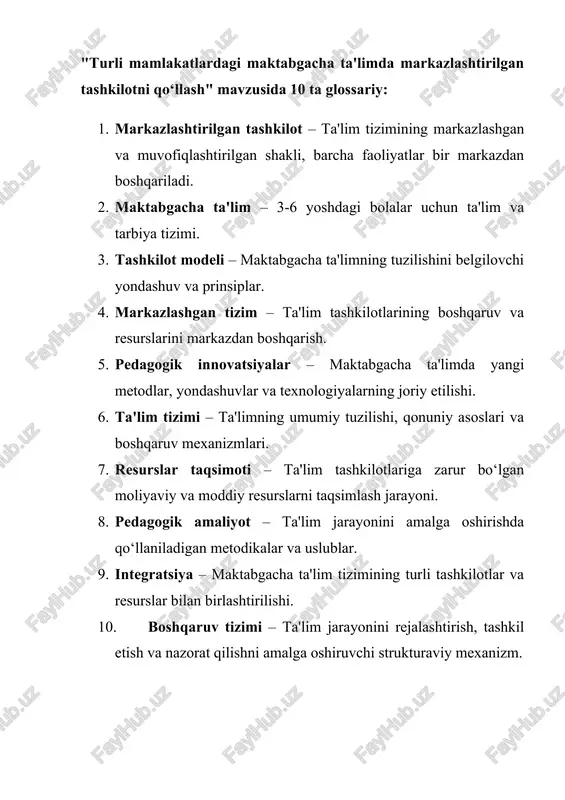turli mamlakatlardagi maktabgacha ta'limda markazlashtirilgan tashkilotni qo‘llash — DOCX