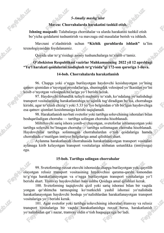 chorrahalarda harakatini tashkil etish — DOCX