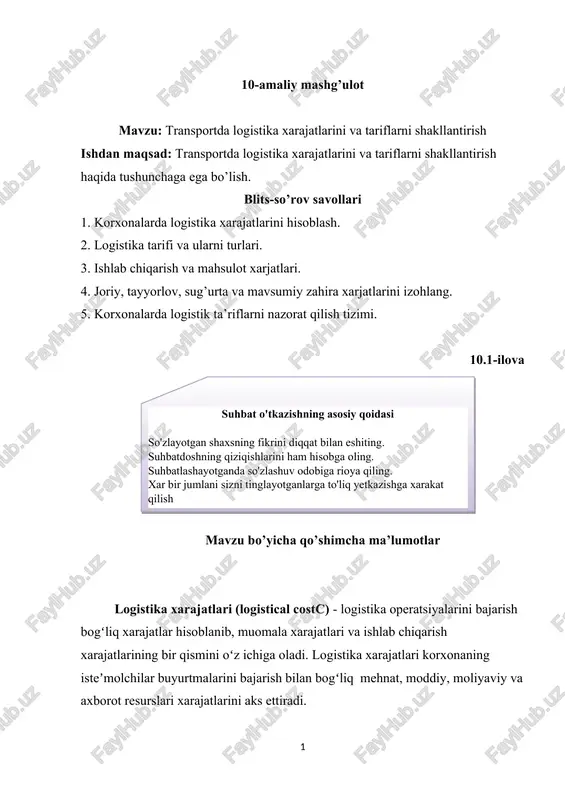 transportda logistika xarajatlarini va tariflarni shakllantirish — DOCX