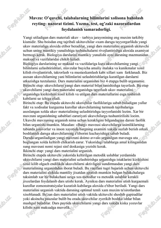 o’quvchi, talabalarning bilimlarini xolisona baholash reyting- nazorat tizimi — DOCX