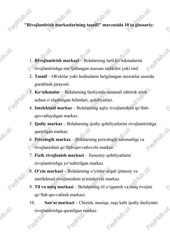 rivojlantirish markazlarining tasnifi — DOCX