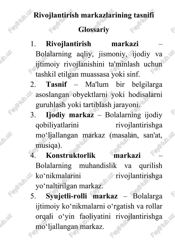 rivojlantirish markazlarining tasnifi — DOCX