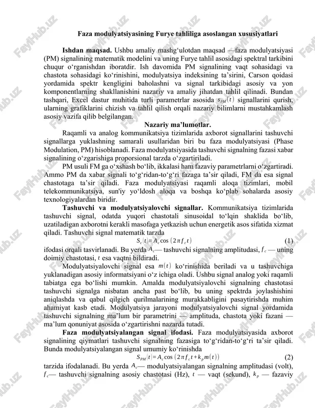 faza modulyatsiyasining furye tahliliga asoslangan xususiyatlari — DOCX