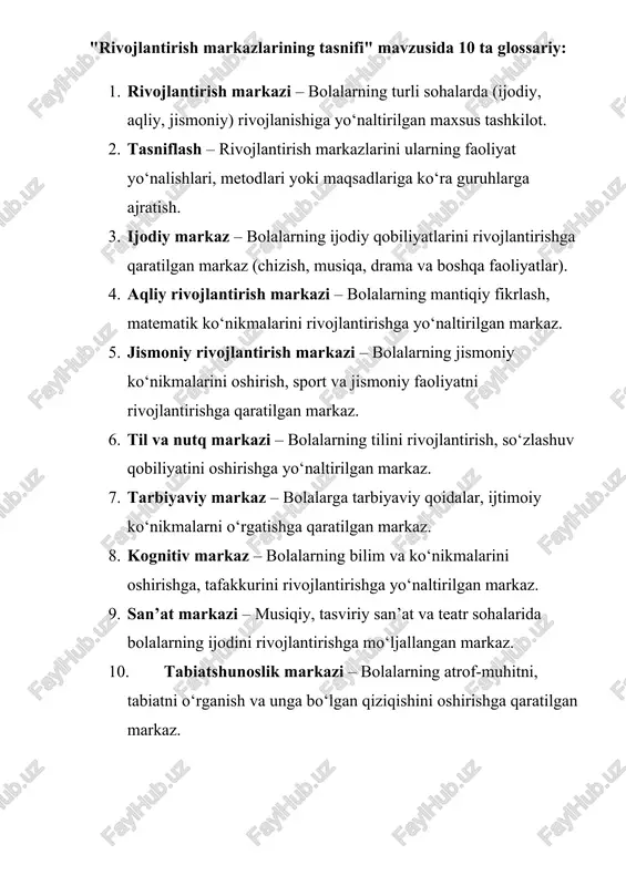 rivojlantirish markazlarining tasnifi glossariysi — DOCX