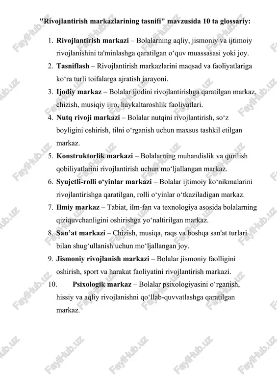 rivojlantirish markazlarining tasnifi — DOCX