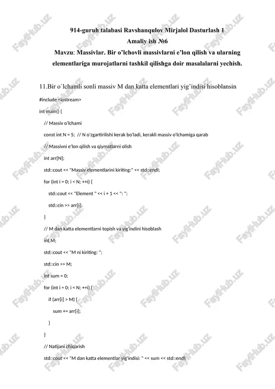 massivlar. m dan katta elementlari yig'indisini hisoblash — DOCX