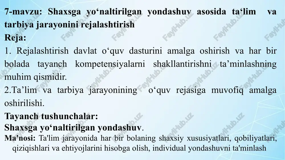 ta'lim va tarbiya jarayonini rejalashtirish — PPTX