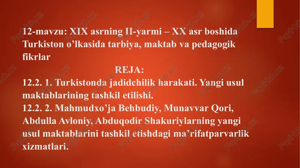 xix-asrning ii-yarmi– xx-asr boshida turkiston o’lka sida tarbiya, maktab va pedagogik fikrlar — PPTX
