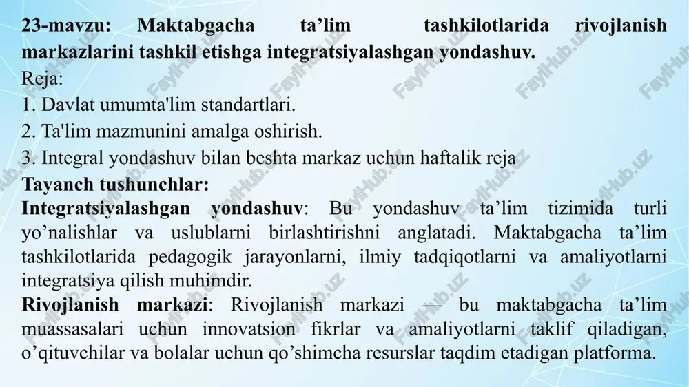 maktabgacha ta'lim tashkilotlari daryojanish markazlari — PPTX