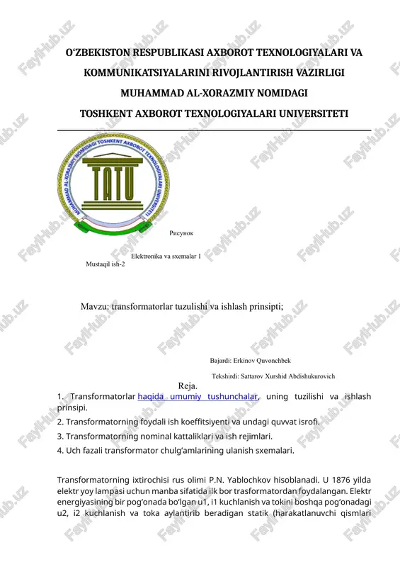 transformatorlar tuzulishi va ishlash prinsipti — DOCX